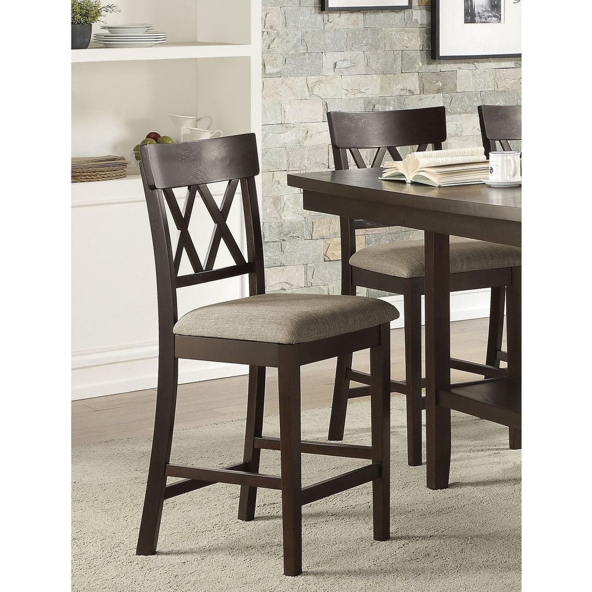 Dark Brown Finish Counter Height Chairs 2pc Set Double X-Back Design Lenin-like Fabric Padded Seat Dining Furniture