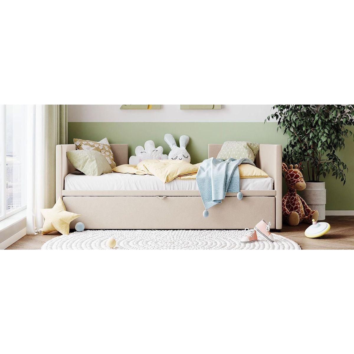 Twin Size Upholstered daybed with Extendable Trundle, Beige - Streamdale Furniture