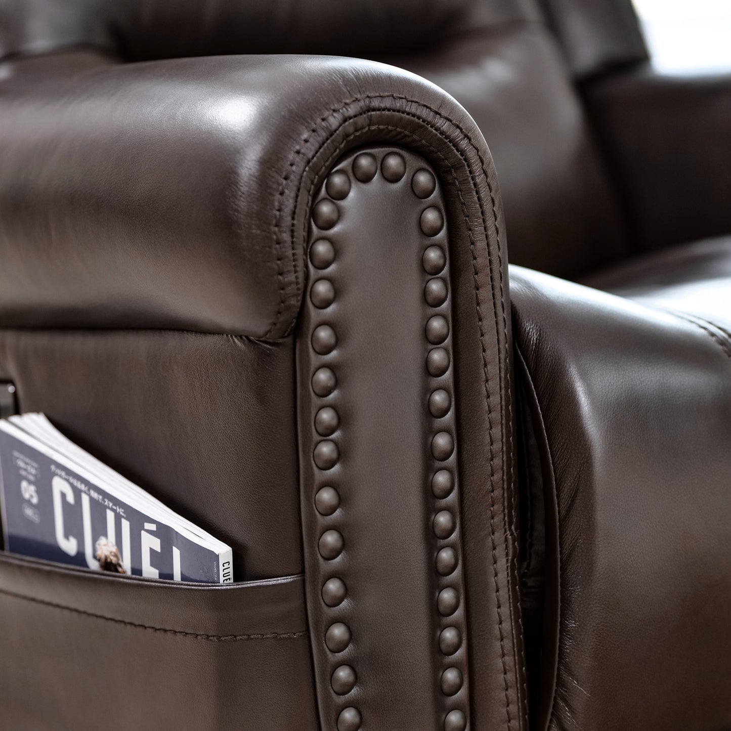 Lazell Leather with Nailhead Double Power Recliner - Power Heardrest - Typy C - USB -Side Pocket Storage bag - Top Grain