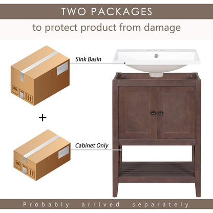 24" Brown Modern Sleek Bathroom Vanity Elegant Ceramic Sink with Solid Wood Frame Open Style Shelf