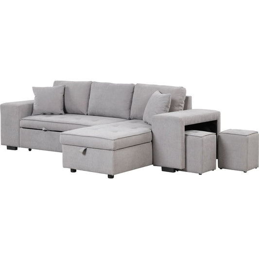 104" Pull Out Sleeper Sofa Reversible L-Shape 3 Seat Sectional Couch with Storage Chaise and 2 Stools for Living Room Furniture Set, Gray