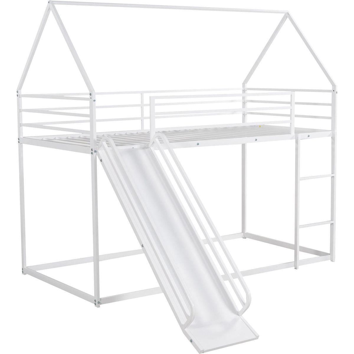Twin over Twin House Bunk Bed with Ladder and Slide, White - Streamdale Furniture
