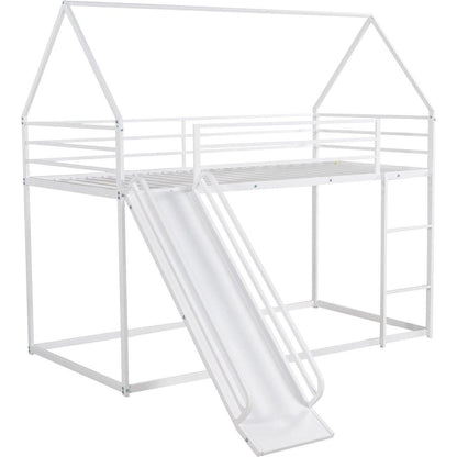 Twin over Twin House Bunk Bed with Ladder and Slide, White - Streamdale Furniture