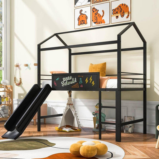 Metal House Bed With Slide, Twin Size Metal Loft Bed with Two-sided writable Wooden Board (Black)