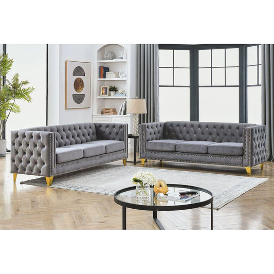 Velvet Sofa for Living Room,Buttons Tufted Square Arm Couch, Modern Couch Upholstered Button and Metal Legs, Sofa Couch for Bedroom, Grey Velvet .2PCS