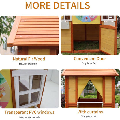 Outdoor Playhouse for Kids Wooden Cottage with Working Doors Windows Pretend Play House for Age 3-8 Years