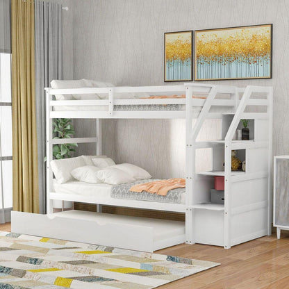 Twin-Over-Twin Bunk Bed with Twin Size Trundle and 3 Storage Stairs, White - Streamdale Furniture