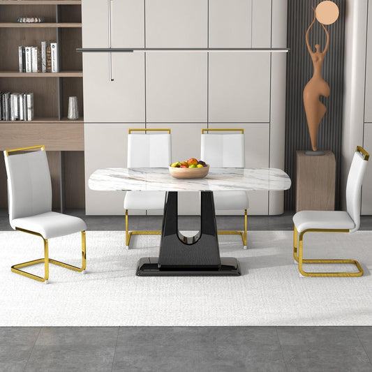 1 table and 4 chairs. Modern, simple and luxurious white imitation marble rectangular dining table and desk with 4 white PU gold plated leg chairs 63'' x 35.4'' X 30''