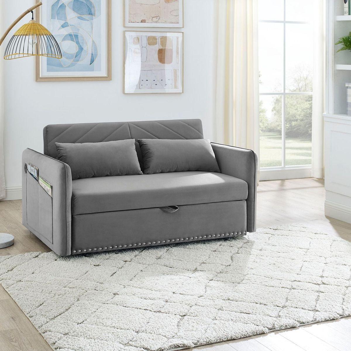 Pull-out sofa sleeper, 3-in-1 adjustable sleeper with pull-out bed, 2 lumbar pillows and side pocket, soft velvet convertible sleeper sofa bed, suitable for living room bedroom.