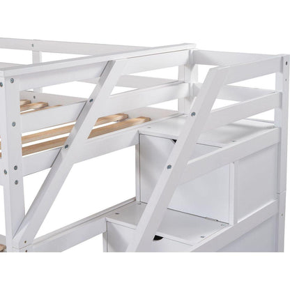 Twin-Over-Twin Bunk Bed with Twin Size Trundle and 3 Storage Stairs, White - Streamdale Furniture