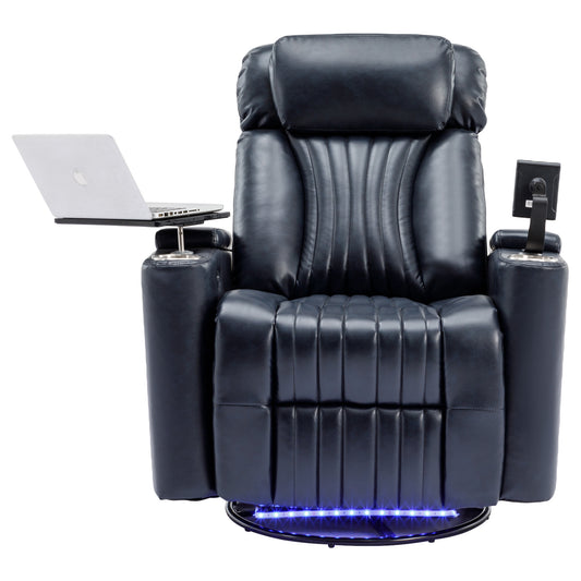 270 degree Power Swivel Recliner, Home Theater Seating With Hidden Arm Storage and LED Light Strip, Cup Holder, 360 degree Swivel Tray Table, and Cell Phone Holder, Soft Living Room Chair, Blue