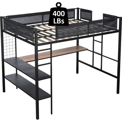 Metal Full Size Loft Bed with Desk & Shelves/ Sturdy Metal Bed Frame/ Noise-free Wood Slats/ Comfortable Textilene Guardrail/ Built-in Desk, 2-tier Shelves & Grid Panel/ 2 Side Ladders