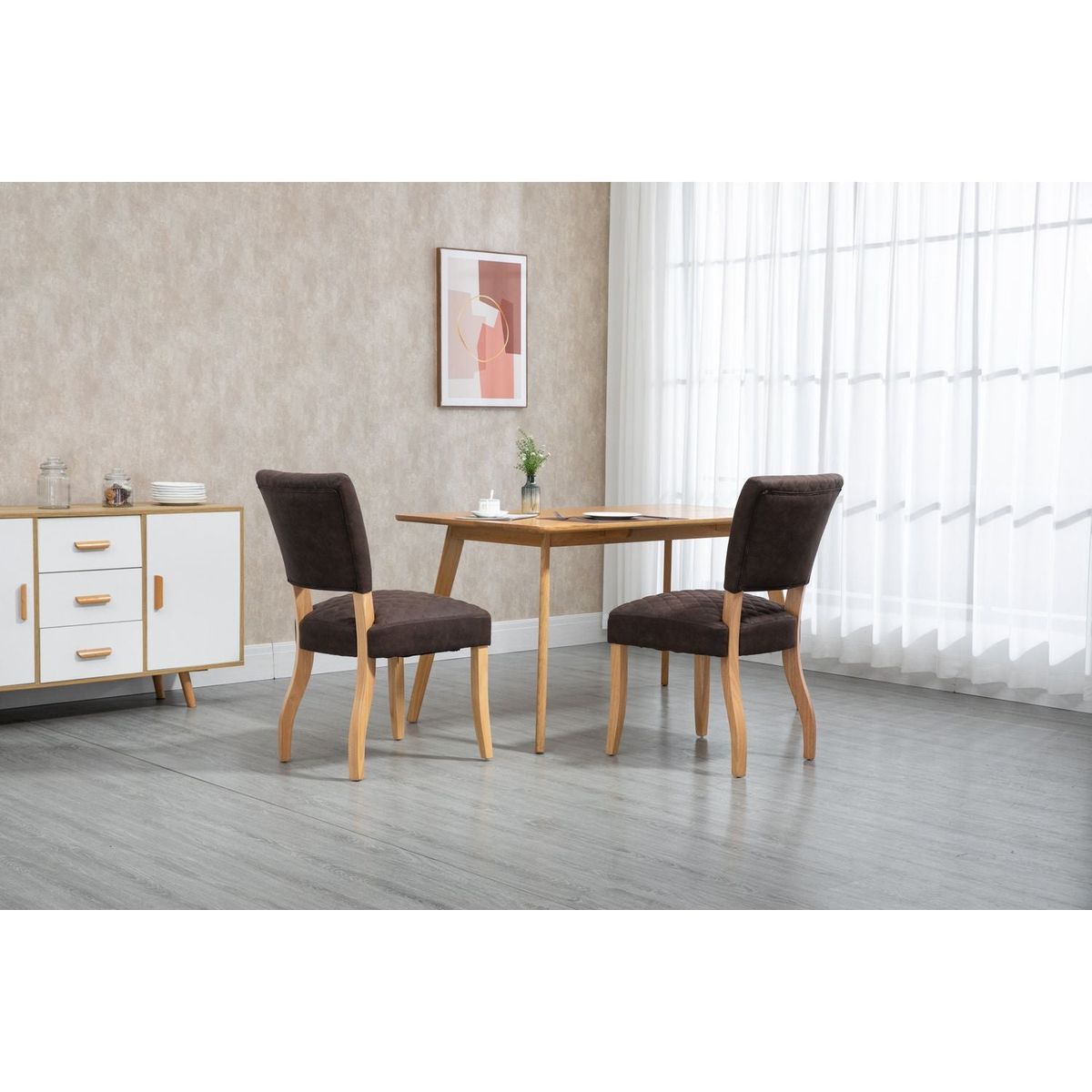 Upholstered Diamond Stitching Leathaire Dining Chair with Solid Wood Legs BROWN