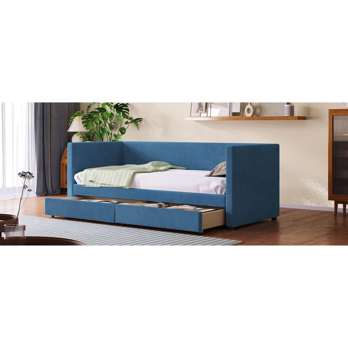 Twin Size Corduroy Daybed with Two Drawers and Wood Slat, Blue