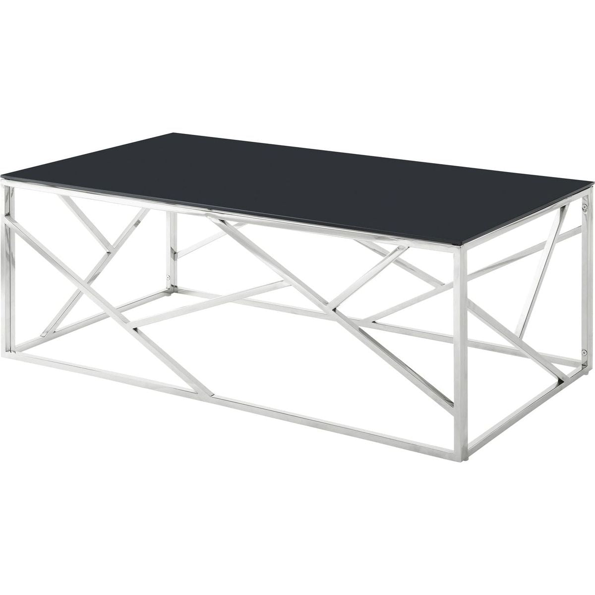 Modern Rectangular Coffee Accent Table with Black Tempered Glass Top and Stainless Steel Frame for Living Room Bedroom - Polished Chrome