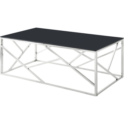 Modern Rectangular Coffee Accent Table with Black Tempered Glass Top and Stainless Steel Frame for Living Room Bedroom - Polished Chrome