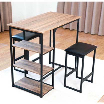 Modern 3-Piece Bar tabies and chairs Set with 2 Chairs for Dining Room, Black Frame+Brown oak board surface+Black cushion