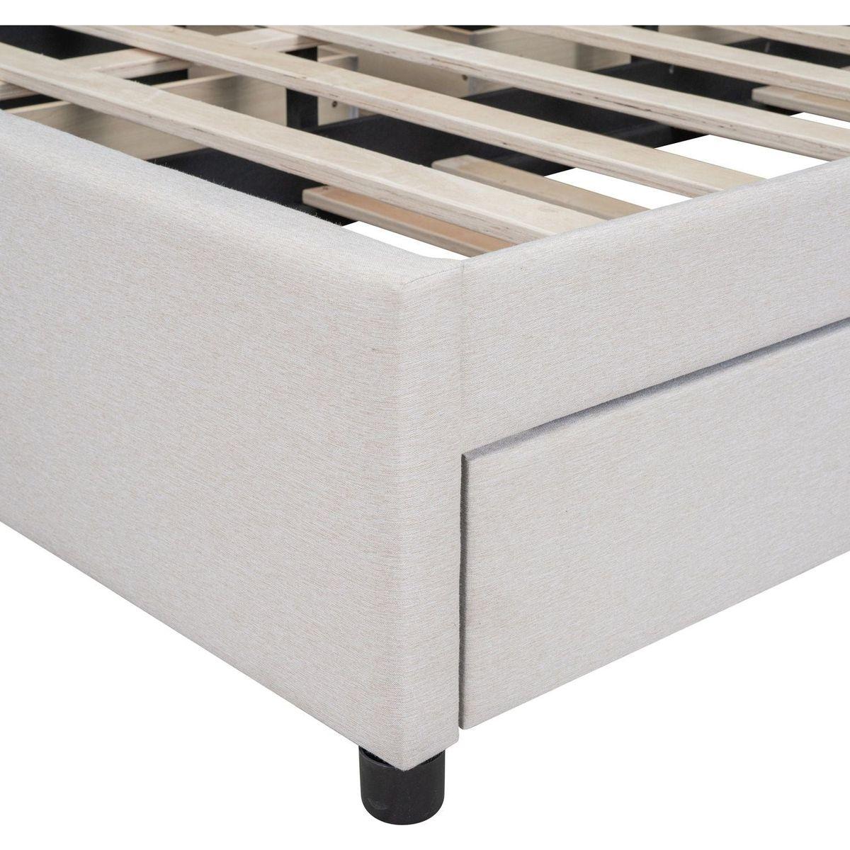 Queen Size Upholstered Platform Bed with 2 Drawers and 1 Twin XL Trundle, Classic Headboard Design, Beige