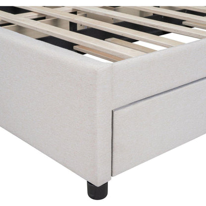 Queen Size Upholstered Platform Bed with 2 Drawers and 1 Twin XL Trundle, Classic Headboard Design, Beige