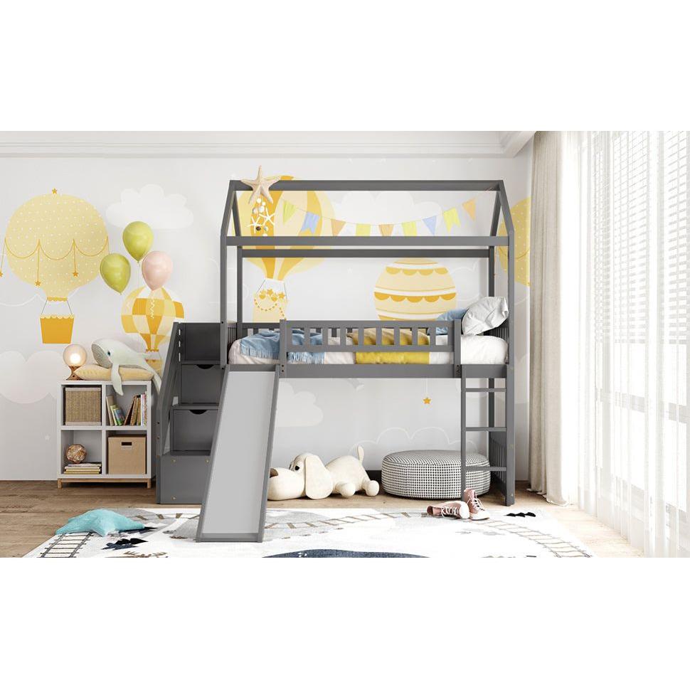 Twin Loft Bed with Two Drawers and Slide, House Bed with Slide, Gray