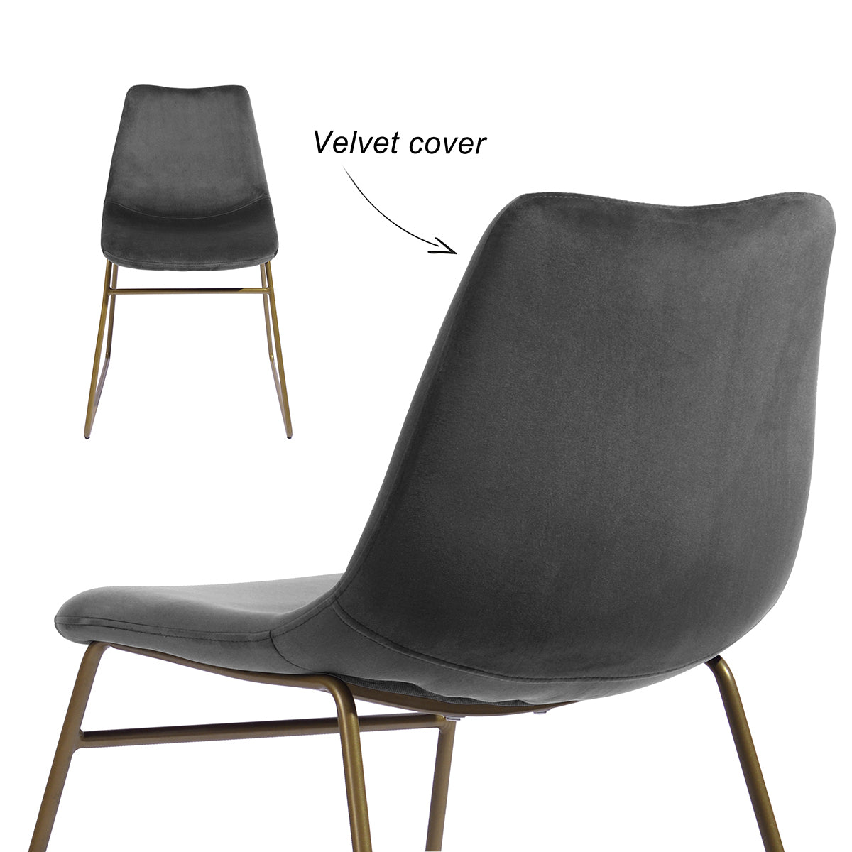 Modern Dining Chairs Set of 2, Velvet Upholstered Side Chairs with Golden Metal Legs for Dining Room Furniture, Grey