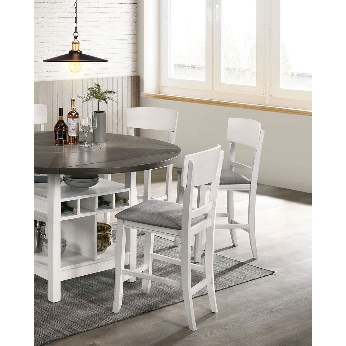 Contemporary Dining Room Counter Height Chairs Set of 2 Chairs only White Solid wood Gray Padded Fabric Seat