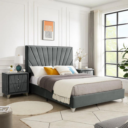 Full bed with two nightstands, Beautiful line stripe cushion headboard, strong wooden slats + metal legs with Electroplate