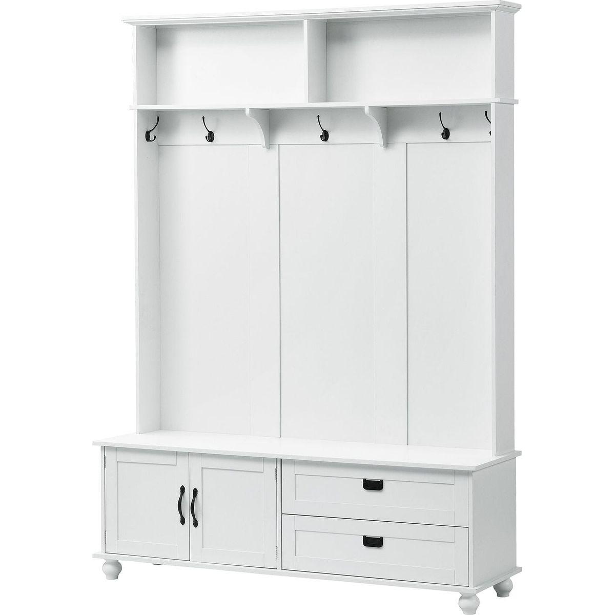 Modern Style Hall Tree with Storage Cabinet and 2 Large Drawers, Widen Mudroom Bench with 5 Coat Hooks, White