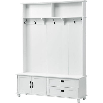 Modern Style Hall Tree with Storage Cabinet and 2 Large Drawers, Widen Mudroom Bench with 5 Coat Hooks, White