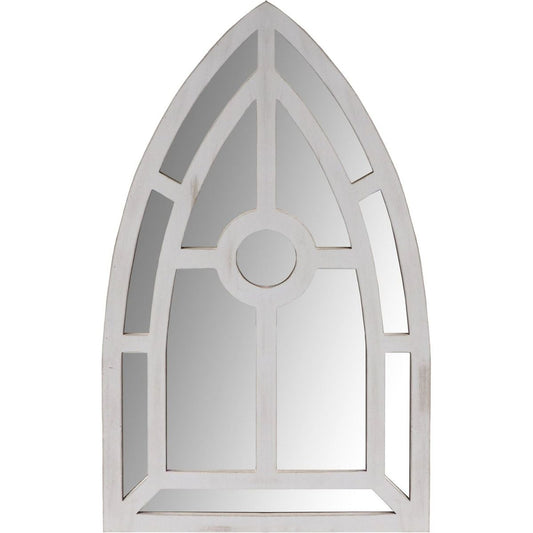 Arched Window Pane Wooden Wall Mirror with Trimmed Details, Silver