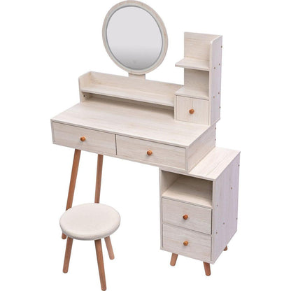 Stylish Vanity Table + Cushioned Stool, Touch Control LED Mirror, Large Capacity Storage Cabinet, 5 Drawers, Fashionable Makeup Furniture, Length Adjustable(L31.5"-43.2"x W15.8" x H48.1")