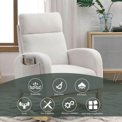 27.6"W Modern Accent High Backrest Living Room Lounge Arm Rocking Chair, Two Side Pocket, Teddy White (Ivory)