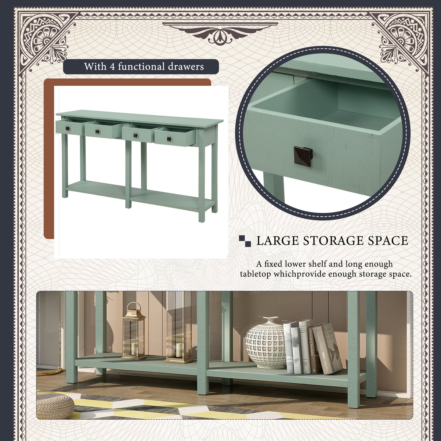 Rustic Brushed Texture Entryway Table Console Table with Drawers and Bottom Shelf for Living Room (Tiffany Blue)