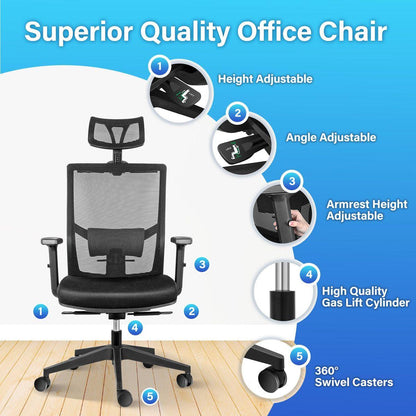 Office Ergonomic Mesh Computer Chair with Wheels & Arms & Lumbar Support, 02B, Black-Pro