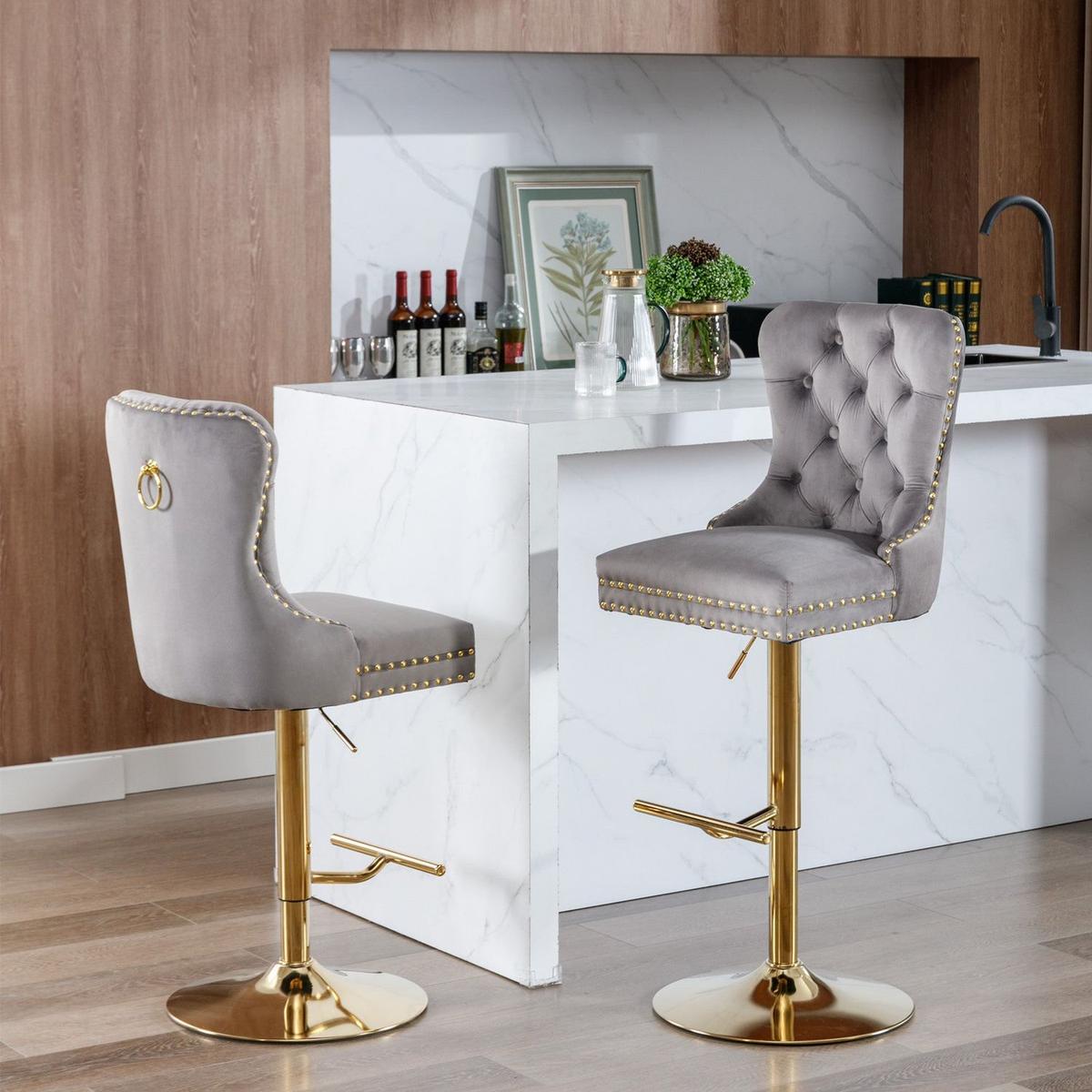 Thick Golden Swivel Velvet Barstools Adjusatble Seat Height from 25-33 Inch, Modern Upholstered Bar Stools with Backs Comfortable Tufted for Home Pub and Kitchen Island (Gray, Set of 2)