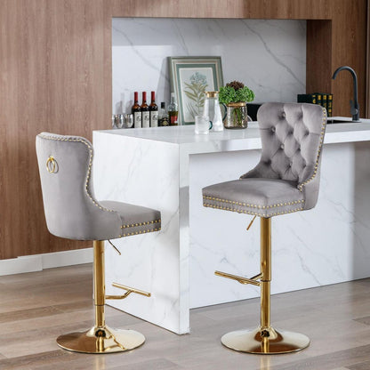 Thick Golden Swivel Velvet Barstools Adjusatble Seat Height from 25-33 Inch, Modern Upholstered Bar Stools with Backs Comfortable Tufted for Home Pub and Kitchen Island (Gray, Set of 2)