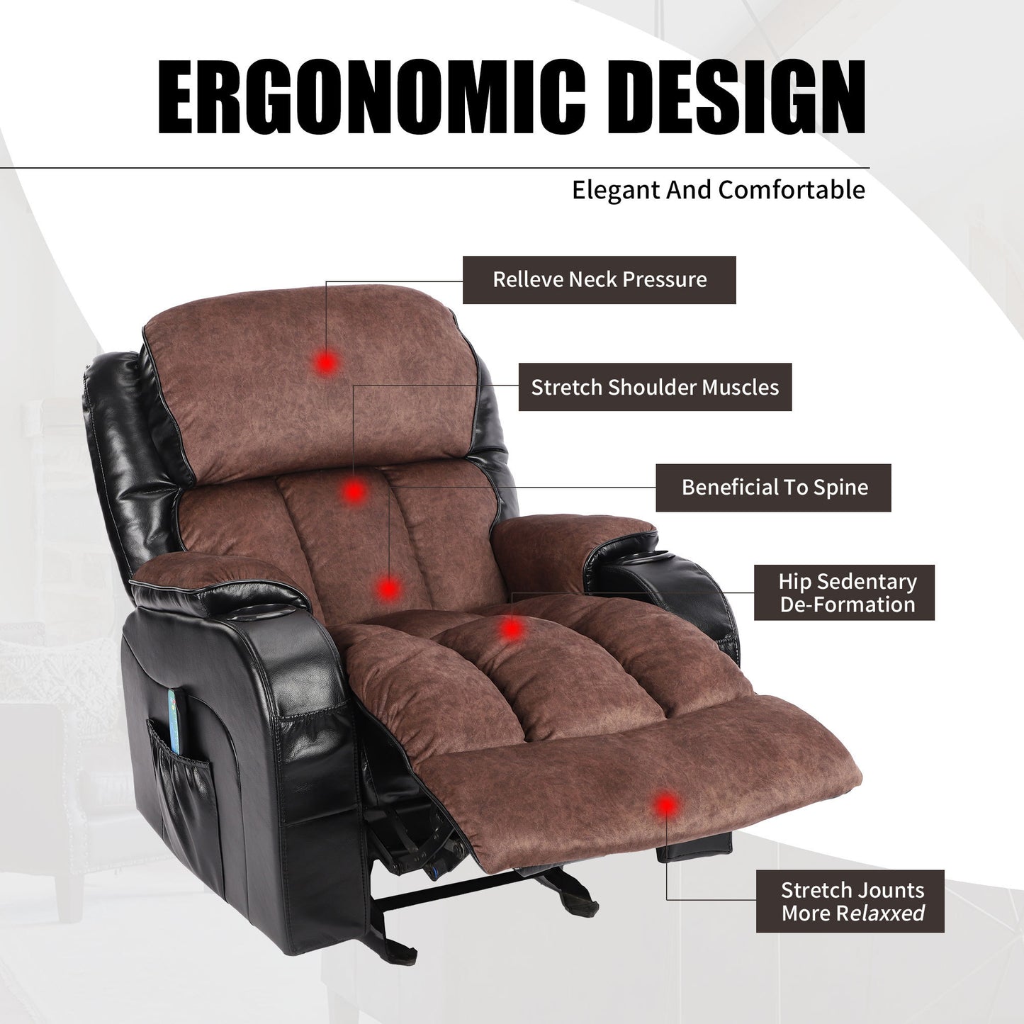 Recliner Chair for Living Room with Rocking Function and Side Pocket blackbrown