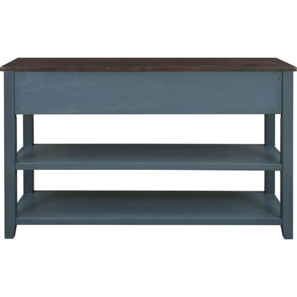 Retro Design Console Table with Two Open Shelves, Pine Solid Wood Frame and Legs for Living Room (Navy) - Streamdale Furniture