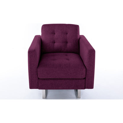 Victoria Purple Linen Fabric Armchair with Metal Legs, Side Pockets, and Pillow