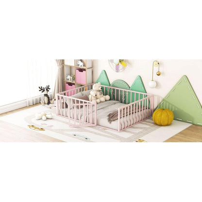 Full Size Metal Floor Bed Frame with Fence and Door, Pink