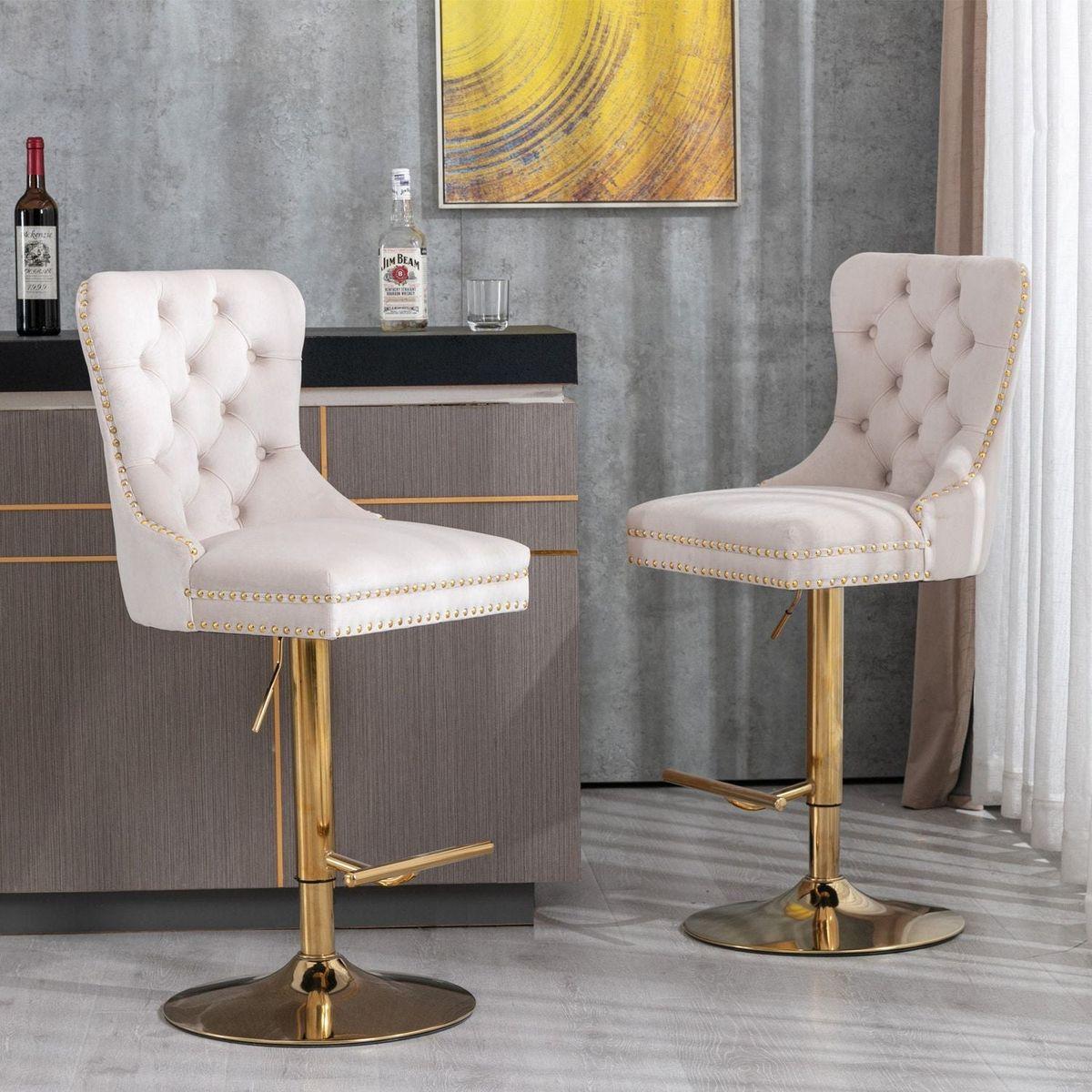 Furniture, Thick Golden Swivel Velvet Barstools Adjusatble Seat Height from 27-35 Inch, Modern Upholstered Bar Stools with Backs Comfortable Tufted for Home Pub and Kitchen Island (Beige, Set of 2) - Streamdale Furniture