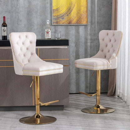 Furniture, Thick Golden Swivel Velvet Barstools Adjusatble Seat Height from 27-35 Inch, Modern Upholstered Bar Stools with Backs Comfortable Tufted for Home Pub and Kitchen Island (Beige, Set of 2) - Streamdale Furniture