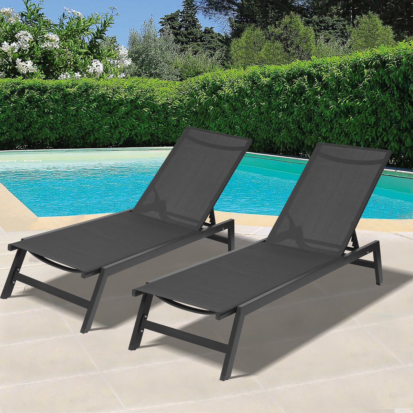 Outdoor 2-Pcs Set Chaise Lounge Chairs, Five-Position Adjustable Aluminum Recliner, All Weather for Patio, Beach, Yard, Pool (Grey Frame/ Black fabric)