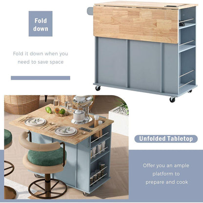 Kitchen Island with Power Outlet,Kitchen Storage Island with Drop Leaf and Rubber Wood,Open Storage and Wine Rack,5 Wheels,with Adjustable Storage for Home, Kitchen, and Dining Room, Grey Blue