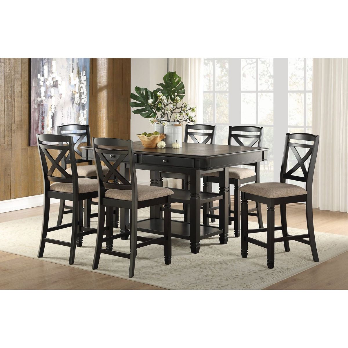 Transitional Style Dining Counter Height Chairs Set of 2pc Black Finish Wood Beige Fabric Seat Dining Room Furniture