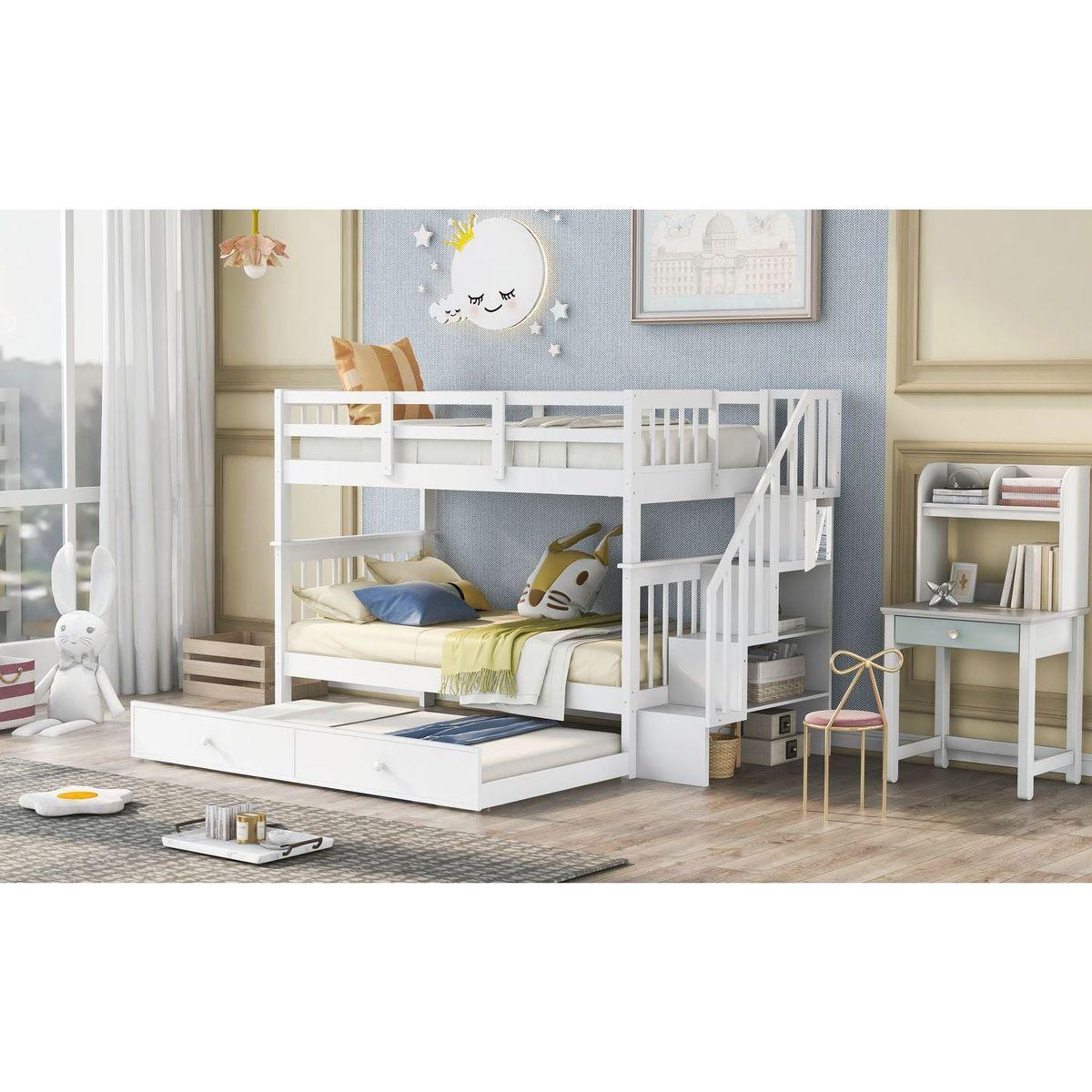 Stairway Twin-Over-Twin Bunk Bed with Twin size Trundle for Bedroom, Dorm, Adults, White () - Streamdale Furniture