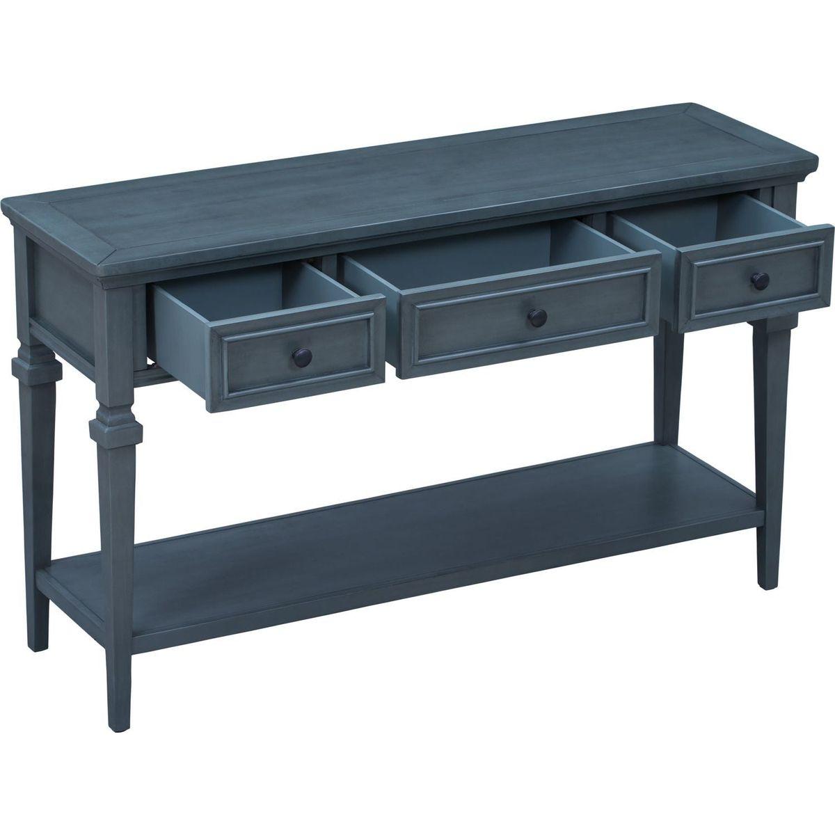 Classic Retro Style Console Table with Three Top Drawers and Open Style Bottom Shelf, Easy Assembly (Navy)