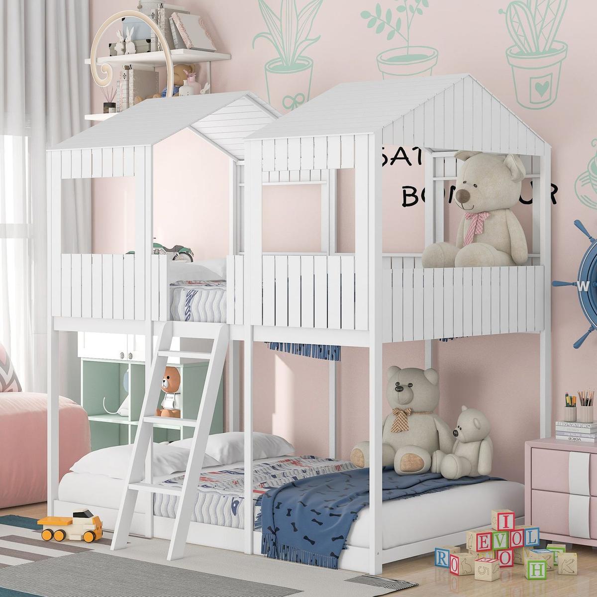 Full Over Full WoodBunk Bed with Roof, Window, Guardrail, Ladder(White)