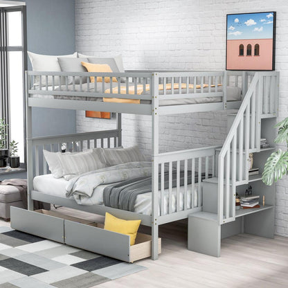 Full over Full Bunk Bed with Two Drawers and Storage, Gray