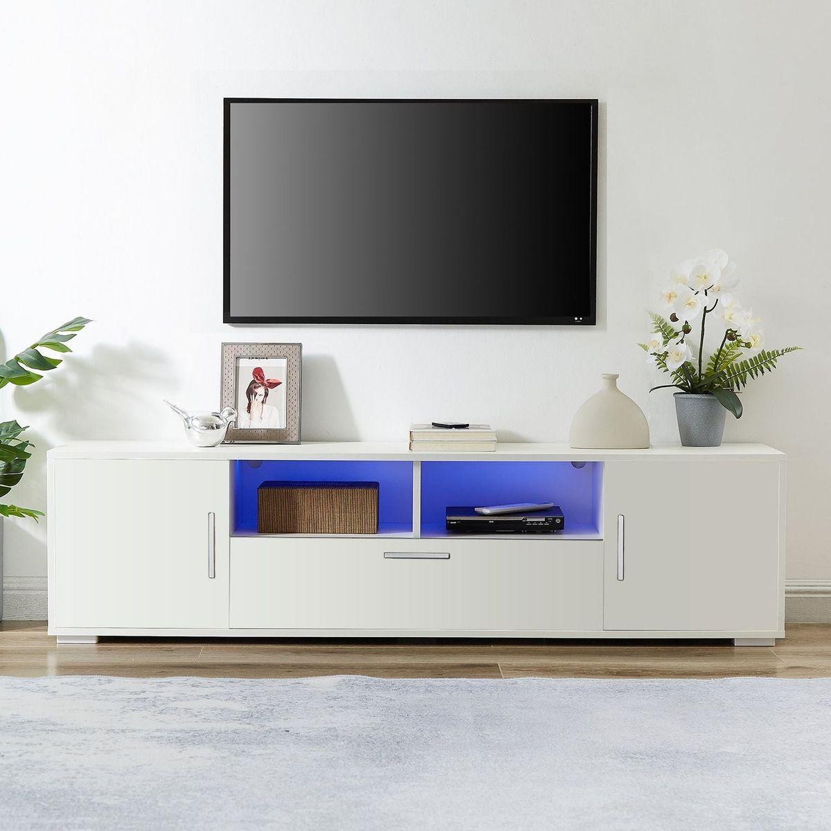 QUICK ASSEMBLE WHITE modern TV Stand, only 20 minutes to finish assemble, with LED Lights, high glossy front TV Cabinet, can be assembled in Lounge Room, Living Room or Bedroom, color:WHITE